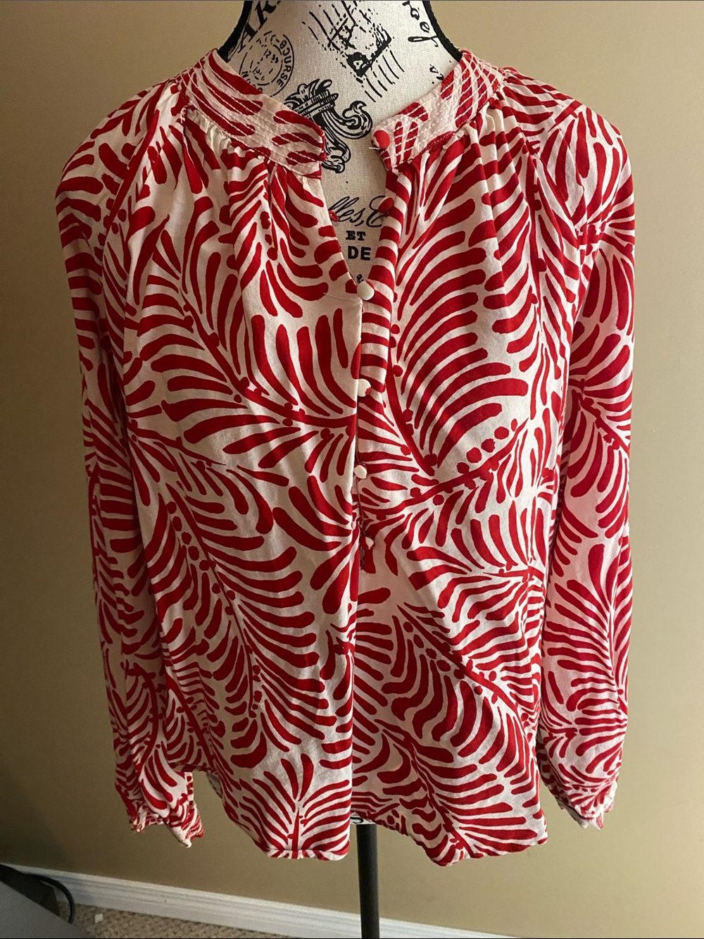 H&M Red and White Printed Long-Sleeve Blouse